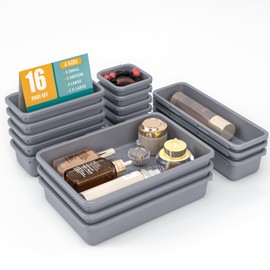 16 PCS Drawer Organizer Set, 4 Size Makeup Drawer Divider Organizer With Non-Slip Pads, Interlocking Plastic Storage Bins for Office,Jewelry Vanity,Gadgets, Bathroom,Kitchen, Grey