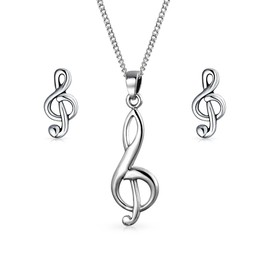 Classic Musical Treble G Clef Note Stud Earrings, Necklace, Brooch Pin for Musicians, Teenagers, Teachers and Students, 925 Sterling Silver, No Gemstone
