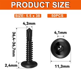 Wavanta 50Pcs Self Tapping Screws, 5.5 x 38mm Flat Head Self Drilling Screws for Metal, Black Stainless Steel Screw, Hex Socket, Tek Screw with Screwdriver Bit