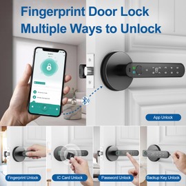 BIWIBON Fingerprint Door Lock, 5 in 1 Smart Door Knob with Smart APP/Fingerprint/IC Cards/Password/Backup Keys, Finger Print Door Knob with Keypad for Bedroom, Office, Apartment, Black, 1 Pack