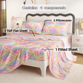 SDY 4PCS Mermaid Sheets Twin Set,Super Cozy and Soft Rainbow Bedding Sheets for Boys, Girls, Kids and Toddler, Bed in a Bag with 1 Fitted Sheet+ 1 Top Flat Sheet + 2 Pillowcases