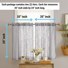 HLC.ME Linda Faux Linen Textured Semi Sheer Privacy Light Filtering Transparent Rod Pocket Short Thick Cafe Curtain Tiers for Small Windows, Kitchen & Bathroom, Set of 2 (35 W x 24 L, Grey)