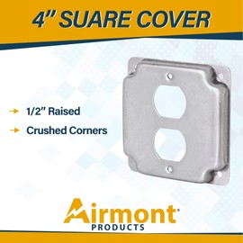 Airmont Products AP-12096, 4" Square Duplex Receptacle Electrical Box Cover, 1/2" Raised, Exposed Work, Galvanized Steel, Crushed Corners