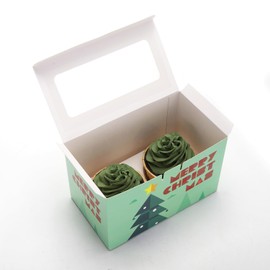 Bssay 20 Packs Christmas Cupcake Boxes,Cupcake Boxes with Inserts and Window Hold 2 Cupcakes, Bakery Boxes For Cupcakes Carrier, Cupcake Containers,6.4x3.6x4.1 In (Christmas B)