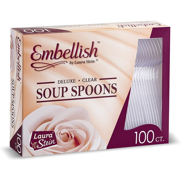 [100 Soup Spoons] Embellish Crystal Clear Disposable Heavy Duty Plastic Spoons, Ideal For Wedding, Catering, Parties, Buffets, Events, Or Everyday Use,