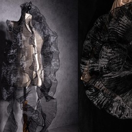 7Yards Ruffled Lace Fabric for Fashion Designers, Ideal for DIY Clothing and Sewing Decoration, Includes Silk Fabric, Ribbon, Organza Ribbon, Iridescent Ribbon, and Fabric Trim (Black)