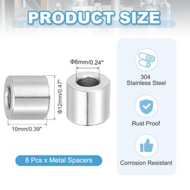 PATIKIL 8 Pcs Stainless Steel Spacers, 6mm ID x 12mm OD x 10mm Height 304 Stainless Steel Bushing Screw Standoff Unthreaded Round Spacer for 1/4"M6 Screws Bolts Nuts