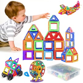 ZUYIST 60 Teile 3D Bunte Magnetische Bausteine, 4 Formen DIY Magnetbausteine, STEM Magnet Spielzeug Kinder mit 2 Radsatz und Kasten, Magnetic Building Blocks für Kinderspielzeug Ab 3 Jahre
