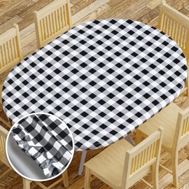 Sorfey Vinyl Fitted Tablecloth Cover, Checke Design, Flannel Backed Lining Fits Tables Up-to 48x68 Oval/Oblong Black