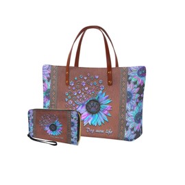 Salabomia Sunflower Paws Handbag and Wallet Combo Top Handle Purse with PU Matching Wallet, Tote Shoulder Bag Top Handle Bag Satchel Handbag Clutch Purse 2 PCS Set, Brown and Purple