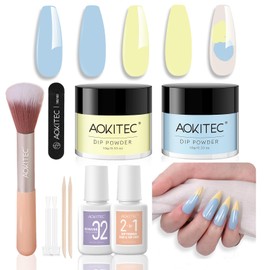 Aokitec Dip Powder Nail Kit - Blue & Yellow Dipping Powder Starter Kit with Dip Liquid Nail Dust Brush for DIY Party Travel Holiday Summer Seaside Nails, Gift for Women & Girls