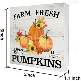 Autumn Sign Farm Fresh Pumpkins Wood Box Sign Rustic Wooden Box Sign Fall Country Farmhouse Home Kitchen Desk Shelf Decor (5 X 5 Inch)