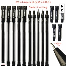 ZOFAX Gelo 10 x 0.6mm Tip BLACK Smooth Gel Pens Comfort Grip Non Fading Fine Writing - Office Business Home School Ideal
