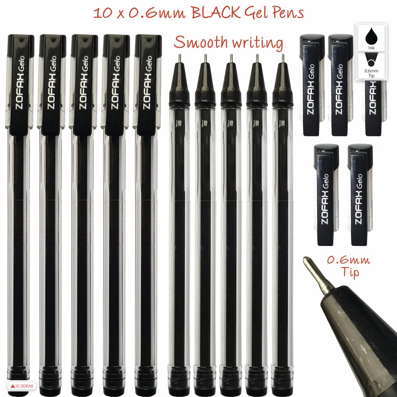 ZOFAX Gelo 10 x 0.6mm Tip BLACK Smooth Gel Pens
