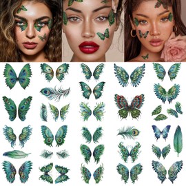 Temporary Tattoos Stickers Green Butterfly Wings Peacock Feather Design Decal Women Face Eye Makeup Art Party Supplies 10 Sheets