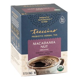 Teeccino Prebiotic SuperBoost Herbal Tea – Macadamia Nut – Support Your Probiotics with Vegan GOS & Organic XOS For Good Gut Health – Digestive Dessert Tea, 10 Tea Bags