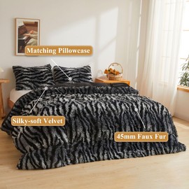 XeGe Zebra Print Fluffy Faux Fur Duvet Cover Set, 3 Pieces Soft Plush Shaggy Fuzzy Bedding Set(1 Animal Print Striped Comforter Cover + 2 Furry Pillowcases), Zipper Closure(King, Black and Grey)