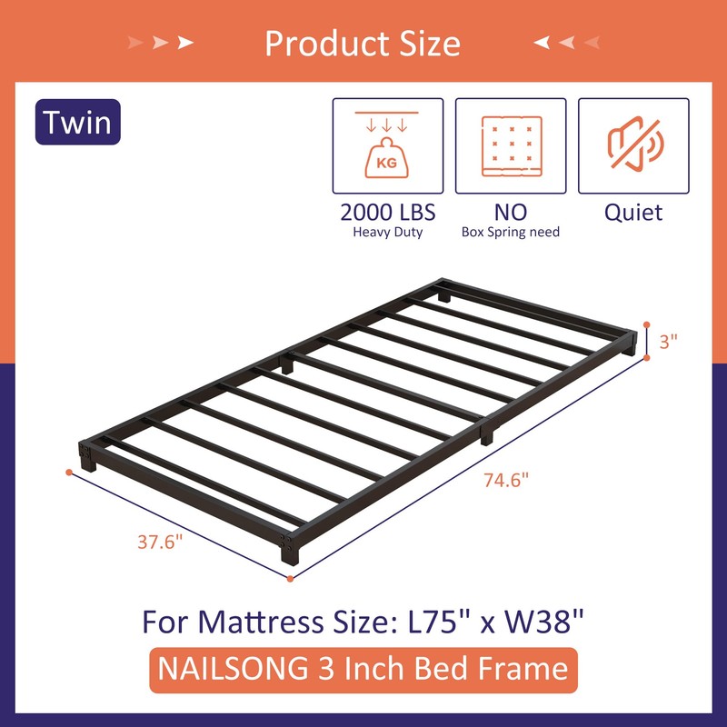 Nailsong 3 Inch Twin Bed Frames Low Profile, Twin Platform