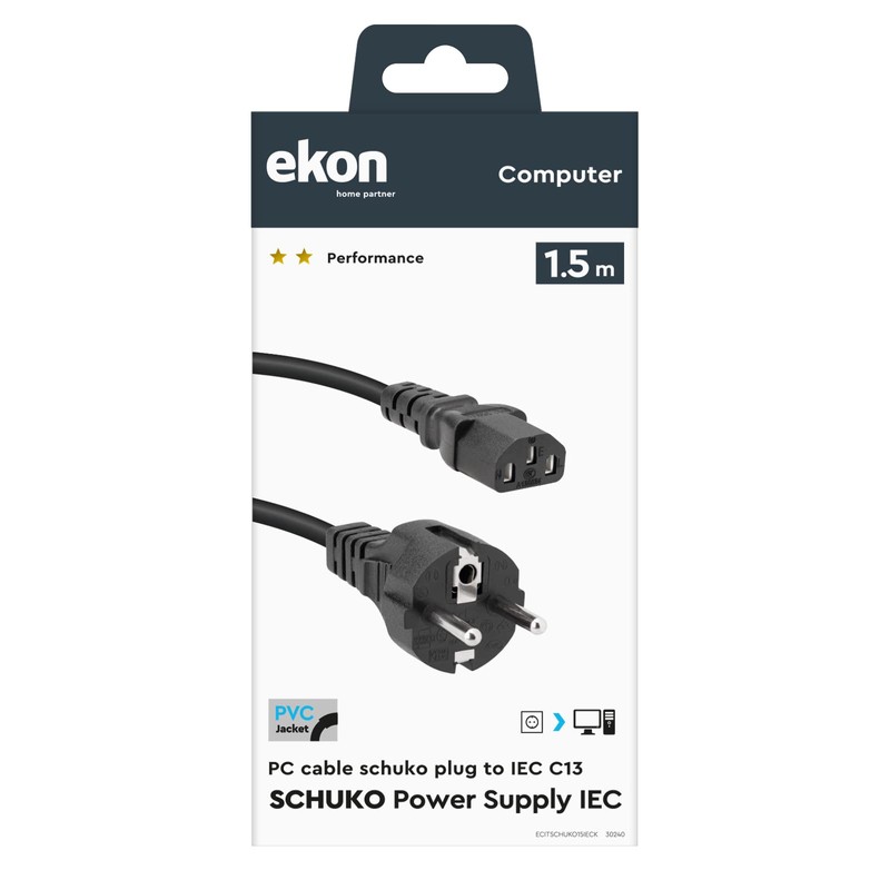 Power Cable for PC, Printer, Monitor, IEC C13 Plug, Schuko