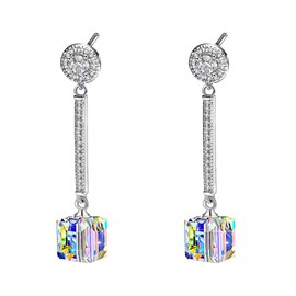 Cube Austrian Crystal Drop Long Dangle Earrings for Women 925 Sterling Silver Post Hypoallergenic Jewelry (Aurora Borealis)