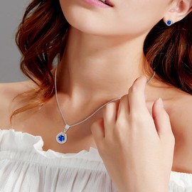 925 Silver Round Cut Blue Corundum Sapphire Teardrop Necklace and Stud Earrings Wedding Jewellery Costume Sets for Women FT022