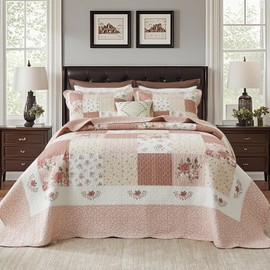 SahSahCasa 120"x102" 100% Cotton Oversized Queen Bedspread Coverlet Quilt Set, Patchwork Floral Quilted Bedspread Extra Large Wide Quilt, XL Bed Spread Lightweight Comforter, 3pc, Cream/Pink