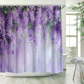 WUASDCS Purple Floral Shower Curtain Watercolor Spring Lavender Flower Weeping Wisteria Blossom Vine Leaves on Blurred Background Bathroom Decor Polyester Fabric Curtains with Hook 70Wx70H Inches