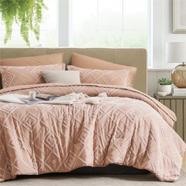 KAKKI Blush Tufted Queen Comforter Set 7 Piece Bed in a Bag, Shabby Chic Boho Comforter and Sheet Set, Soft Microfiber Complete Bedding Set for All Season(Pink, Queen)
