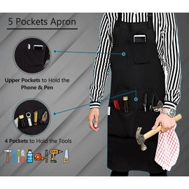 Ruvanti Durable Goods - Professional Grade Chef Apron for Kitchen, BBQ, and Grill with Tool Pockets + Extra Long Ties Adjustable M to XXL (1 Pack, Black)