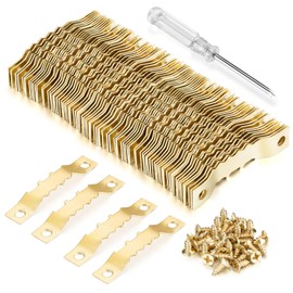 YHYZ Sawtooth Picture Hangers Bulk (Medium), 100pcs Gold Sawtooth Hangers / Hooks with 200pcs Screws + Screwdriver, for Picture Frame Painting Photos Artwork Clock Home Decoration (100 Sets, Mediuml)