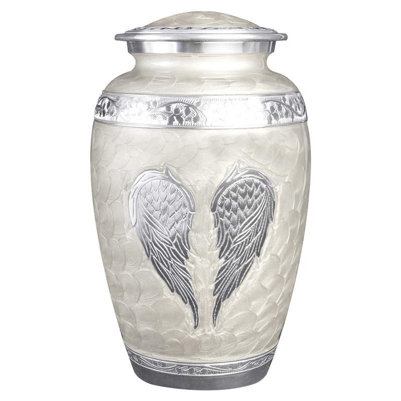 White Angel Wings Funeral Cremation Urn with Mathcing Keepsake Velvet