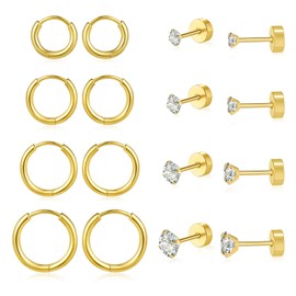 8 Pairs Huggie Earrings Set 6mm 8mm 10mm 12mm Hypoallergenic Small Hoop Earrings Cubic Zirconia Stud Earrings for Women Men 14K Gold Plated