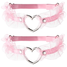 FM FM42 Plus Size 21.84"-31.2" Pink PU Simulated Leather Lace Love Heart Ring Rivets Adjustable Leg Ring Elastic Garter