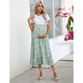 KOJOOIN High Waisted Maternity Midi Skirt Summer Casual Flowy Ruffle Adjustable Suspender Skirt Photoshoot Baby Shower Green Floral S