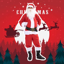 ReneeCho Men Christmas Santa Claus Costumes Suit Adults 6pcs Deluxe Velvet