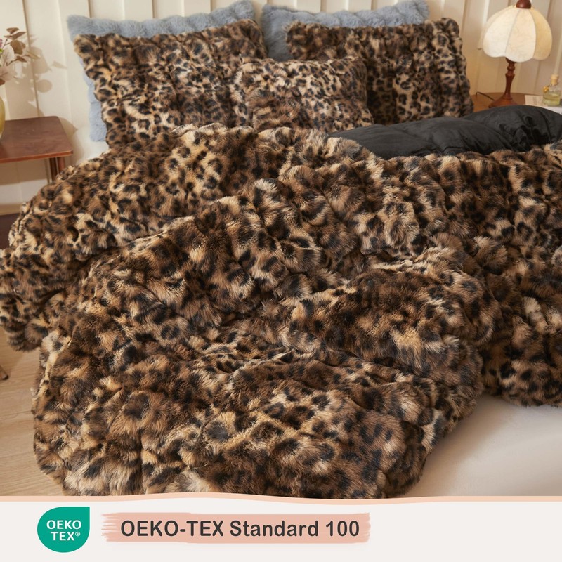LIFEREVO Cheetah Print Soft Faux Rabbit Fur Duvet Cover Set