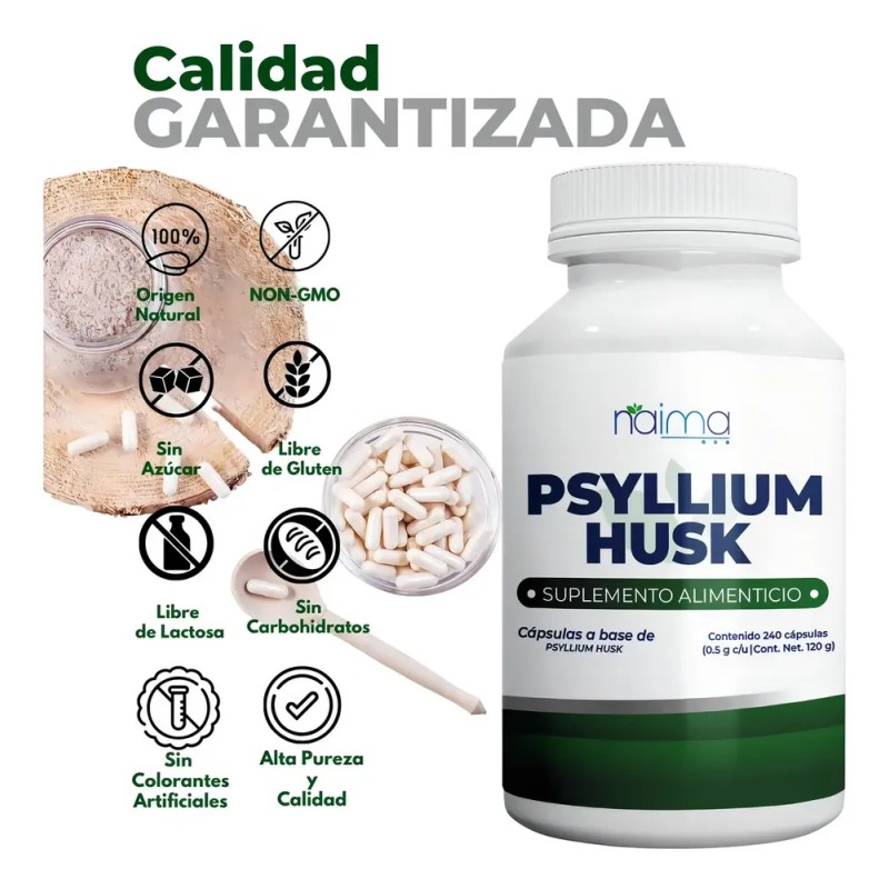 Psyllium Husk 500mg Naíma 240 Cápsulas Suplemento Fibra Digestiva