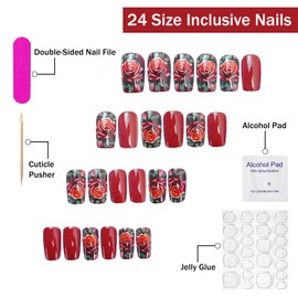 Valentines Press on Nails Medium Square SWEKKE Wine Red Fake Nails False Nails with Rose Flower Designs Glossy Glue on Nails Valentine's Day Acrylic Nails for Women Girls 24 Pcs