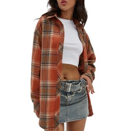 CHYRII Womens Button Down Flannel Shirts Long Sleeve Plaid Shacket Business Casual Blouse Topss Caramel-7123 L