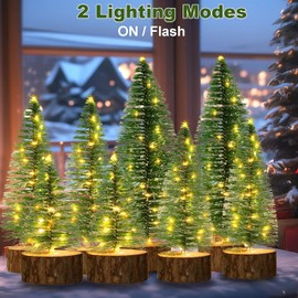 8 Pcs Mini Christmas Trees, 4 Sizes Artificial Christmas Bottle Brush Trees with Timer Fairy Lights Battery Powered Tabletop Tree Decoration (Warm White)