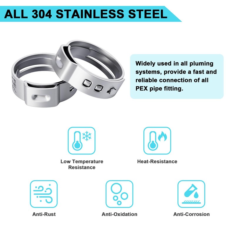 120 Pack 1/2 Inch PEX Cinch Clamps Rings, 304 Stainless