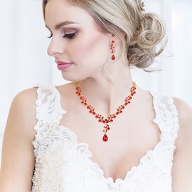 EleQueen Women's Red Rhinestone Crystal Leaf Vine Teardrop Bridal Necklace Dangle Earrings Jewelry Sets for Wedding Brides Bridesmaids