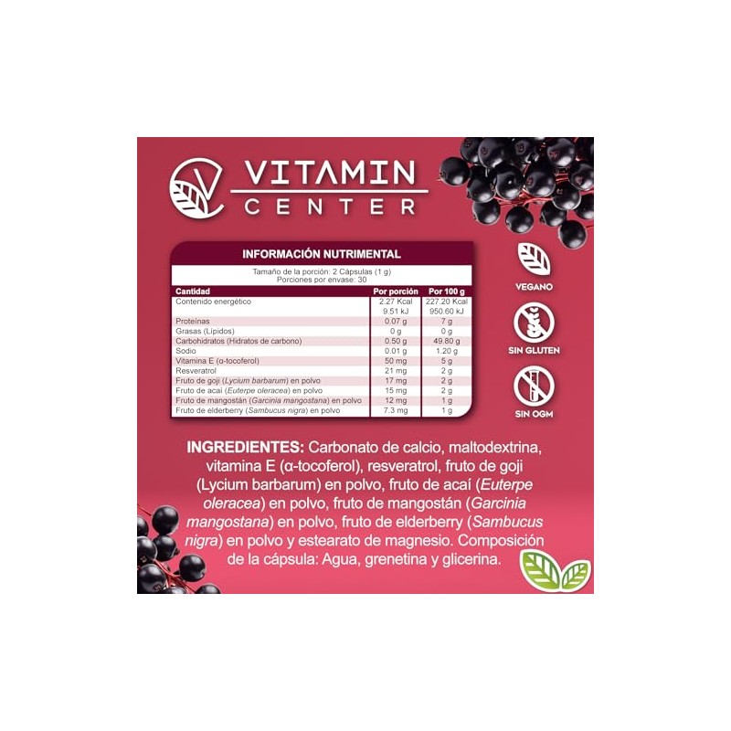 Resveratrol con Goji Acaí Elderberry Vitamina E frasco con 60