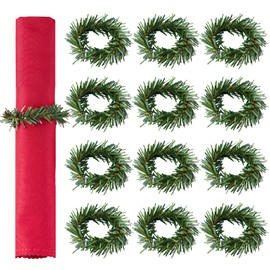 APTWOW Christmas Napkin Rings Set of 12 - Small Artificial Pine Needles Wreath Napkin Holder, Christmas Holiday Napkin Rings for Banquet Table Decorations, Dinner Party