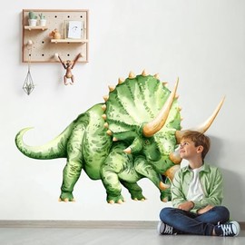 Large Dinosaur Wall Decals, Green Triceratops Dino Wall Stickers Vinyl Peel and Stick Wall Decal Self Adhesive Wall Art Sticker for Baby Nursery Kids Room Home Decor (53.7 * 34.4in)