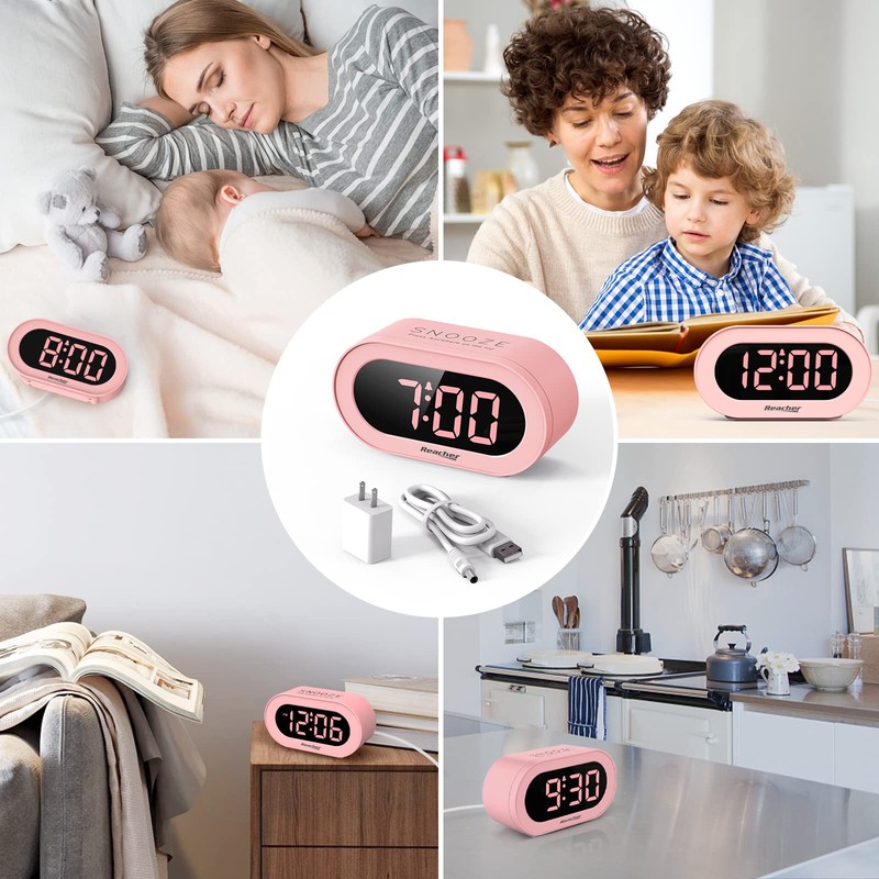 REACHER Pink Girls Alarm Clock for Kids Bedroom, Dimmable LED
