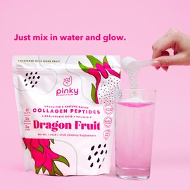 Pinky Collagen Peptides with Hyaluronic Acid & Vitamin C - Dragon Fruit Flavor (1lb/474g), Supports Skin, Hair, and Gut Health, 13g Hydrolyzed Collagen, Zero Sugar, High in Protein, Naturally Flavored