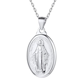 Nofade Silver Virgin Mary Necklace for Women Men 925 Sterling Silver Oval Pendant Necklace Catholic Religious Christian Jewelry