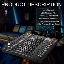 Professional Audio Mixer Sound Board - 8 Channel - DJ Mixer，Equipped with 48v Phantom Power - Bluetooth - Mp3 Player, Studio Audio Mixer Suitable for DJ Studio Streaming Recording