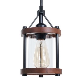 Farmhouse Pendant Light in Wood and Metal Cage, Rustic Brown Wood Pendant Light with Glass, Adjustable Hanging Light Fixtures, Mini Pendant Lighting for Kitchen Island, Hallway, Foyer, 1 Pack